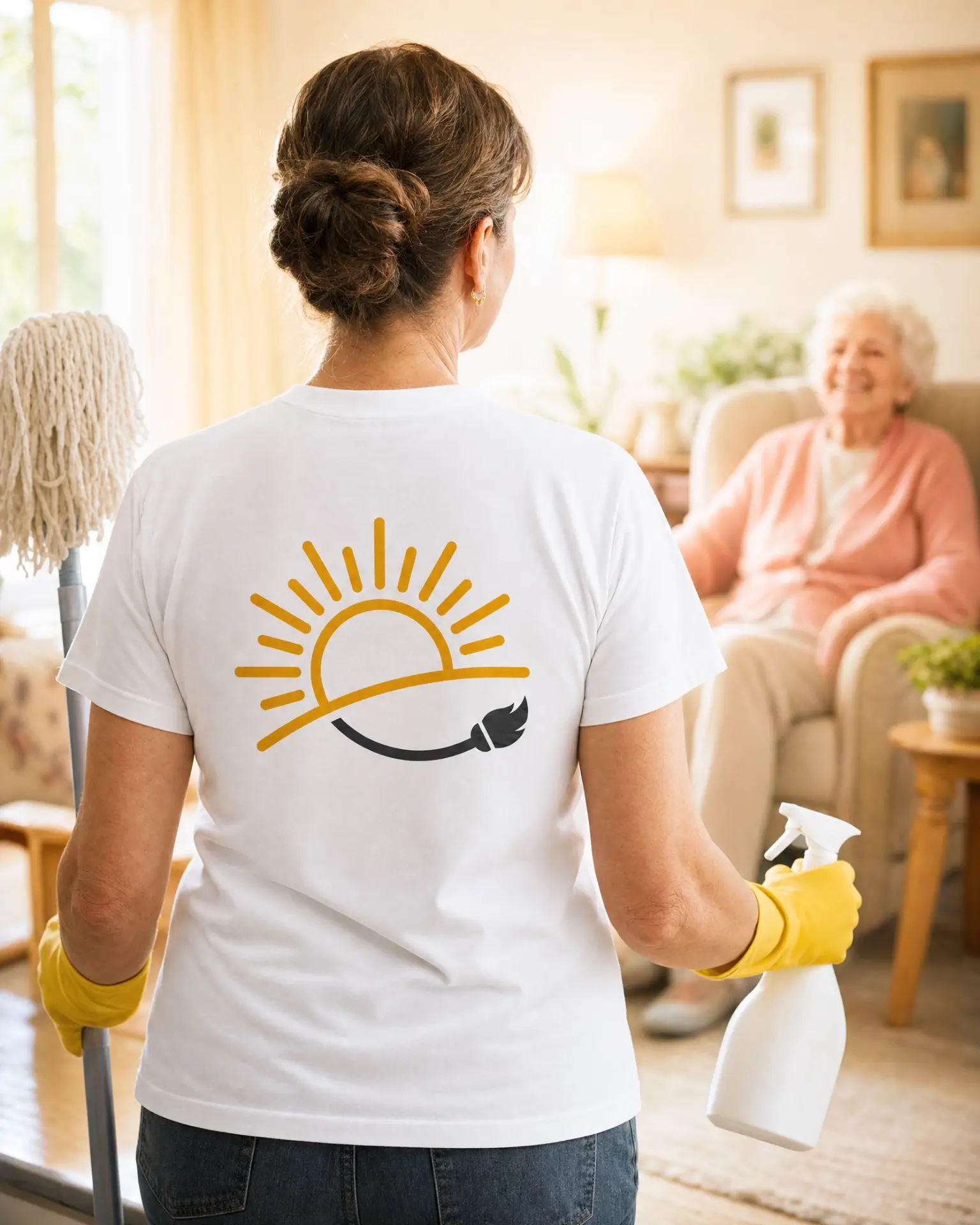 Heart & Home Services support worker with mop and spray, visiting a client at home